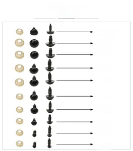 Detailed size guide for black acrylic safety eyes and washers for plush doll making