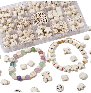 DIY jewelry kit with white turquoise beads in various shapes and a plastic organizer box