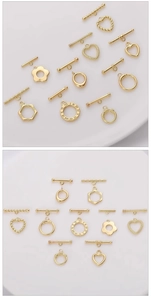 Detalle macro de cierres OT bañados en oro de 14K con formas de corazón, hexágono y círculo DIY
