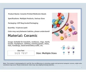 Macro view of colorful ceramic panda and cat paw beads with size measurements