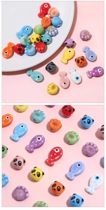 Close-up of assorted colorful ceramic animal beads for DIY jewelry making and necklaces