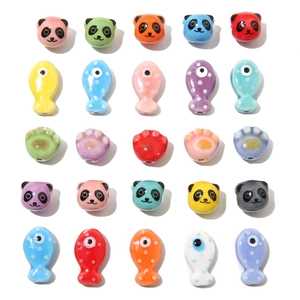 Set of colorful ceramic cartoon panda cat paw and fish beads for DIY jewelry making