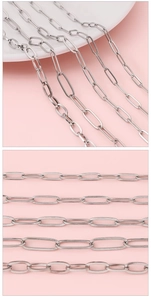 Detailed comparison of silver paperclip chains in five sizes for DIY jewelry making