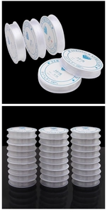 Detailed macro view of multiple sizes of clear stretchy crystal string for jewelry making