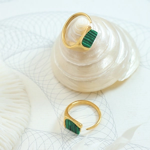 Adjustable gold plated titanium steel rings with rectangular malachite stone inlay