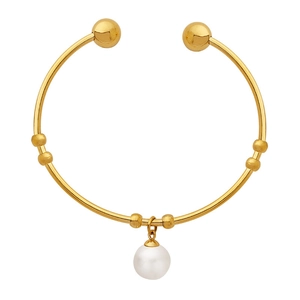 Elegant gold-plated open bangle with symmetric beads and a hanging white pearl pendant