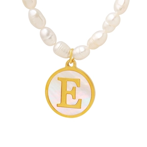 French style natural freshwater pearl necklace with letter E shell pendant in gold