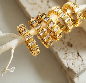 Detailed macro view of gold-plated eternity ring with rectangular baguette cubic zirconia