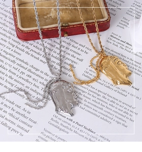 Detail of gold and silver abstract face necklaces with rope chains on a vintage red box
