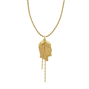 18K gold plated titanium necklace featuring portrait relief pendant and bead chain tassels