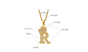 Detail of crown letter R gold pendant with zircon pave and dimensions of rope chain