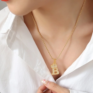 French style crown initial B pendant necklace with gold chain and zircon inlay