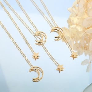 Stainless Steel Star Moon Pendant Necklace For Women 18K Gold Plated Tiny Y Shaped Celestial Clavicle Chain Jewelry Gift