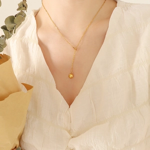 Minimalist Y Necklace For Women 18K Gold Plated Titanium Steel Hammered Ball Pendant Geometric Paperclip Chain Jewelry