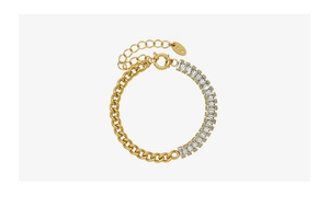 Detail of 18k gold plated chain bracelet with pavé cubic zirconia and K18 tag