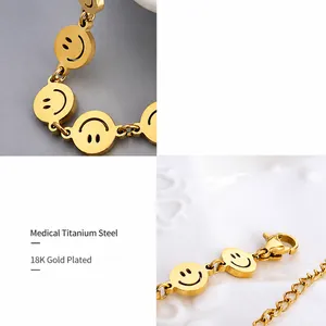 Detail view of 18K gold plated titanium steel smile bracelet with adjustable chain