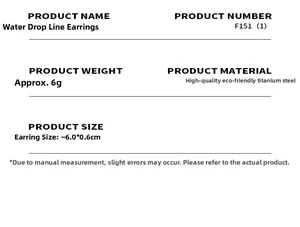 Specifications for water drop line earrings in titanium steel weighing about 6g and 6cm long