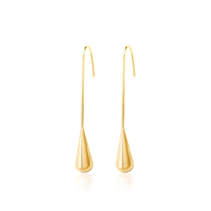 Polished gold stainless steel teardrop pendant earrings with long hooks on white background