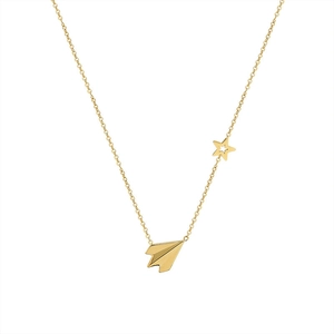 Minimalistische gouden ketting van titaniumstaal met papieren vliegtuigje en ster bedel