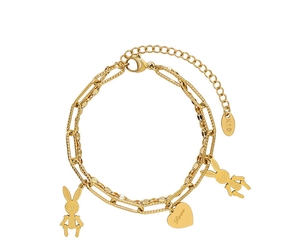 Detail of 18K gold double-layer bracelet with heart pendant and hollow rabbit charms