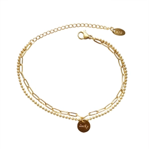 Bracelet double rang avec pendentif Lucky, maille trombone et perles en acier doré 18K