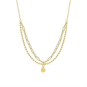 Collier double couche en acier titane plaqué or 18K avec chaîne trombone et pendentif rond