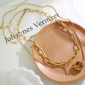 Layered Necklace Stainless Steel 18K Gold Plated Interlocking Triple Rings Paperclip Chain Minimalist Luxury For Women
