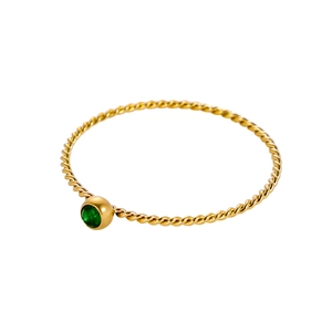 Twisted 18K gold plated stainless steel ring with a round green gemstone setting