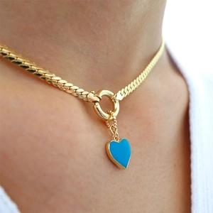 Collier chaîne serpent en acier inoxydable doré 14K avec pendentif cœur bleu