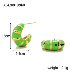 Detail view of green striped enamel croissant hoop earrings with 1.8cm height dimensions
