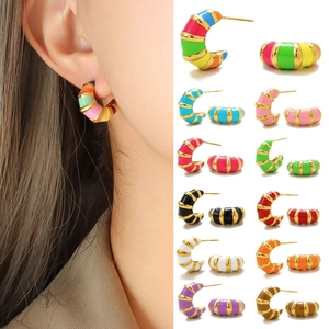 Retro Stainless Steel Striped Enamel Hoop Earrings For Women Colorful C-Shape Croissant Stud Earrings Fashion Jewelry