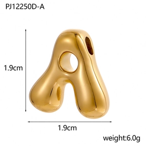 Detailed view of bubble 14K gold-plated letter A pendant with 1.9cm size and weight specs