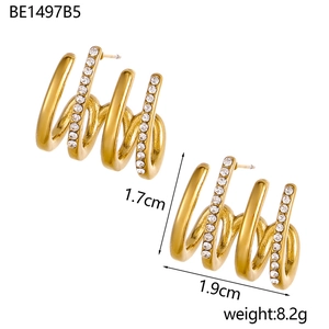 Detailed view of four-row curved stud earrings with white zircons and dimensions