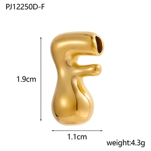 Macro detail of 14K gold plated stainless steel bubble letter F pendant with dimensions