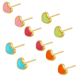 Minimalist 14K gold plated heart stud earrings in five vibrant enamel colors