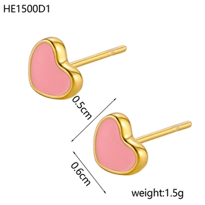 Detailed view of 0.6x0.5cm pink enamel heart earrings with 14K gold plated stainless steel