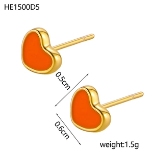 Detail view of 14K gold plated heart stud earrings with orange enamel and size labels