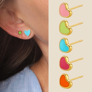 Stainless Steel Heart Stud Earrings 14K Gold Plated Enamel Oil Drip Multicolor Sweet Ins Style Minimalist Women Jewelry