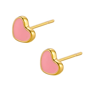 Minimalist 14K gold plated stainless steel heart stud earrings with pink enamel inlay