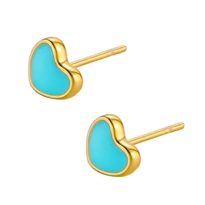 Minimalist 14K gold plated heart stud earrings with tiffany blue enamel finish