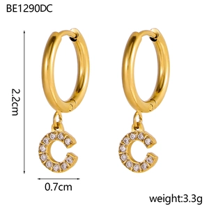 Detailed view of 18K gold letter C earrings with sparkling zircon pave and dimensions