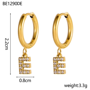 Detailed view of 18K gold plated hoop earrings with zircon letter E and dimension markers