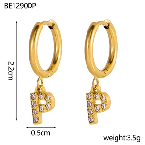 Detailed dimensions of 18K gold letter P hoop earrings with cubic zirconia pave