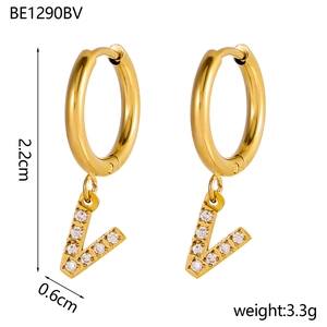 Detailed view of 18K gold plated hoop earrings with V-shaped pavé zircon charms