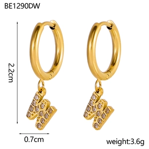Detail of 18K gold-plated hoop earrings featuring zircon letter W pendant with dimensions