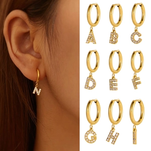 Stainless Steel Rhinestone Initial Hoop Earrings Personalized Gold Plated A-Z English Letter Pendant Earrings Women Jewelry