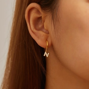 18K gold plated stainless steel hoop earring with sparkling zircon pavé letter N charm