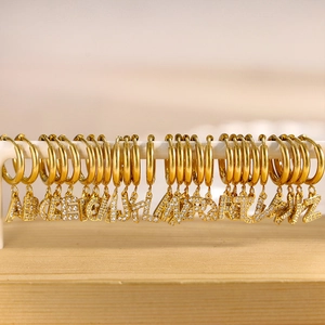 18K gold plated stainless steel hoop earrings with full zircon paved letter pendants