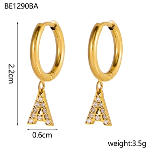 Gold plated stainless steel hoop earring with zircon-encrusted letter A pendant
