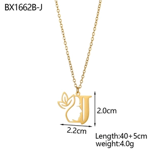 Detailed view of an 18K gold plated letter J pendant with floral face design and dimensions